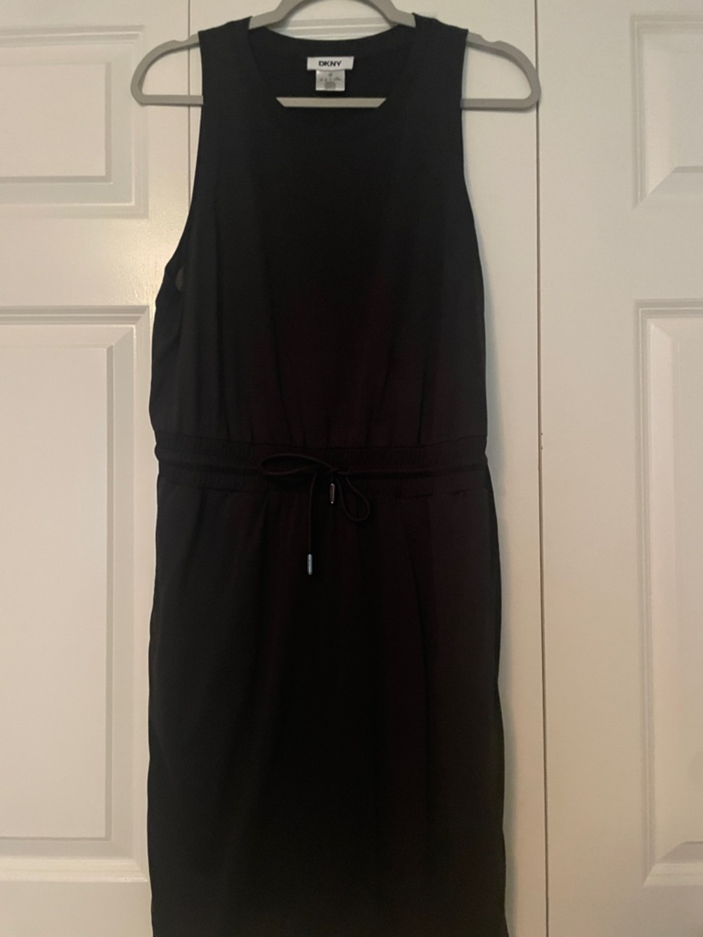 DKNY Black Sleeveless Midi Dress with Drawstring Waist